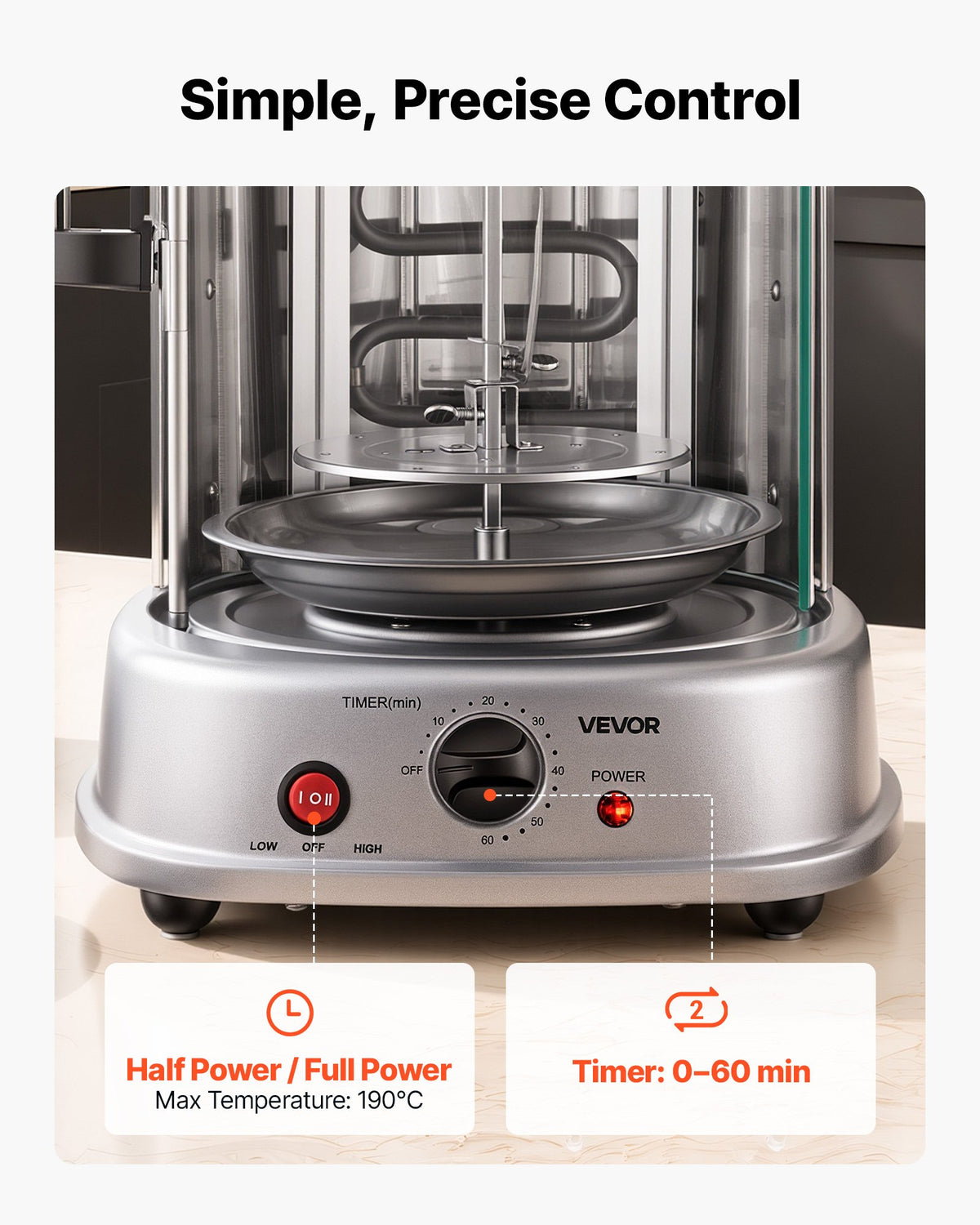 VEVOR Countertop Vertical Rotating Oven 11.5L Rotisserie Shawarma Machine, 1500W Kebab Grill Roaster with Heat-Resistant Door, Drip Tray, and Timer Control, Kebab Rack with 7 Skewers