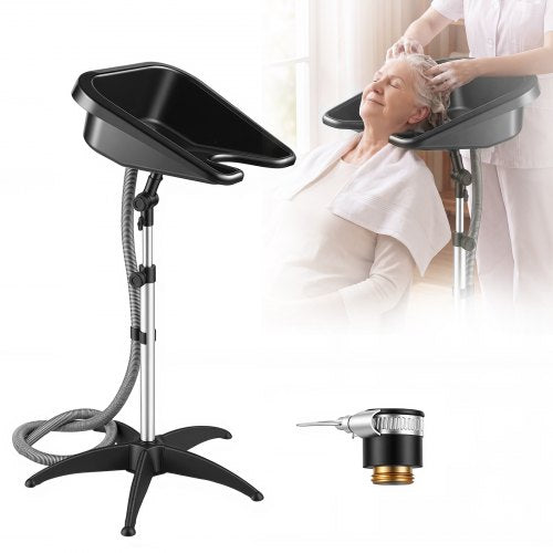 VEVOR Portable Shampoo Bowl 270° Rotating Salon Sink Basin with Drain Hose, for Salons, Home Care, Seniors & Disabled, Height and Angle Adjustable, Hair Washing Station with Hose Storage C-Clip, Black