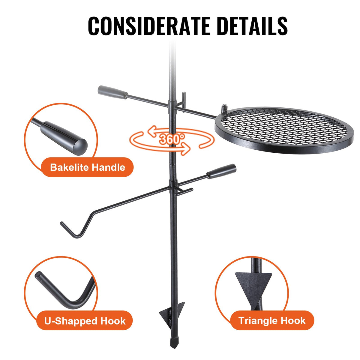 VEVOR Swivel Campfire Grill Heavy Duty Steel Open Fire Cooking Grate Adjustable