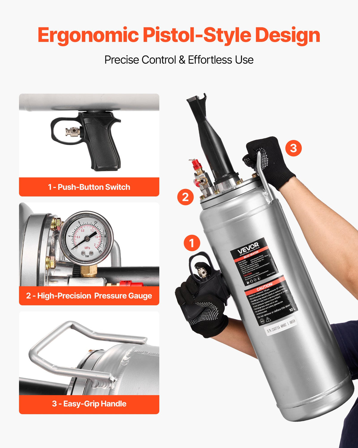 VEVOR Portable Tire Bead Seater, 2.6 Gal/10 L Air Bead Blaster, Handheld Tire Inflator Tool, 87-116 PSI Operating Pressure, Trigger Seating Inflator for Car, Compact SUV, Light Truck, E-Bike, RV, ATV