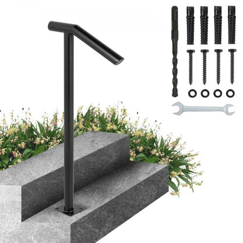 VEVOR Round Type Metal Handrail Step Handrail 2 Steps Handrails for Outdoor Steps Handrails 18L x 38H Inch Steps Stair Railing for Steps with One Bolt Down Post