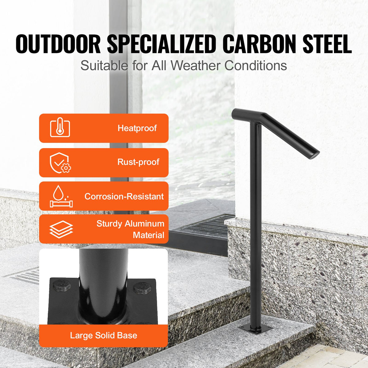 VEVOR Round Type Metal Handrail Step Handrail 2 Steps Handrails for Outdoor Steps Handrails 18L x 38H Inch Steps Stair Railing for Steps with One Bolt Down Post