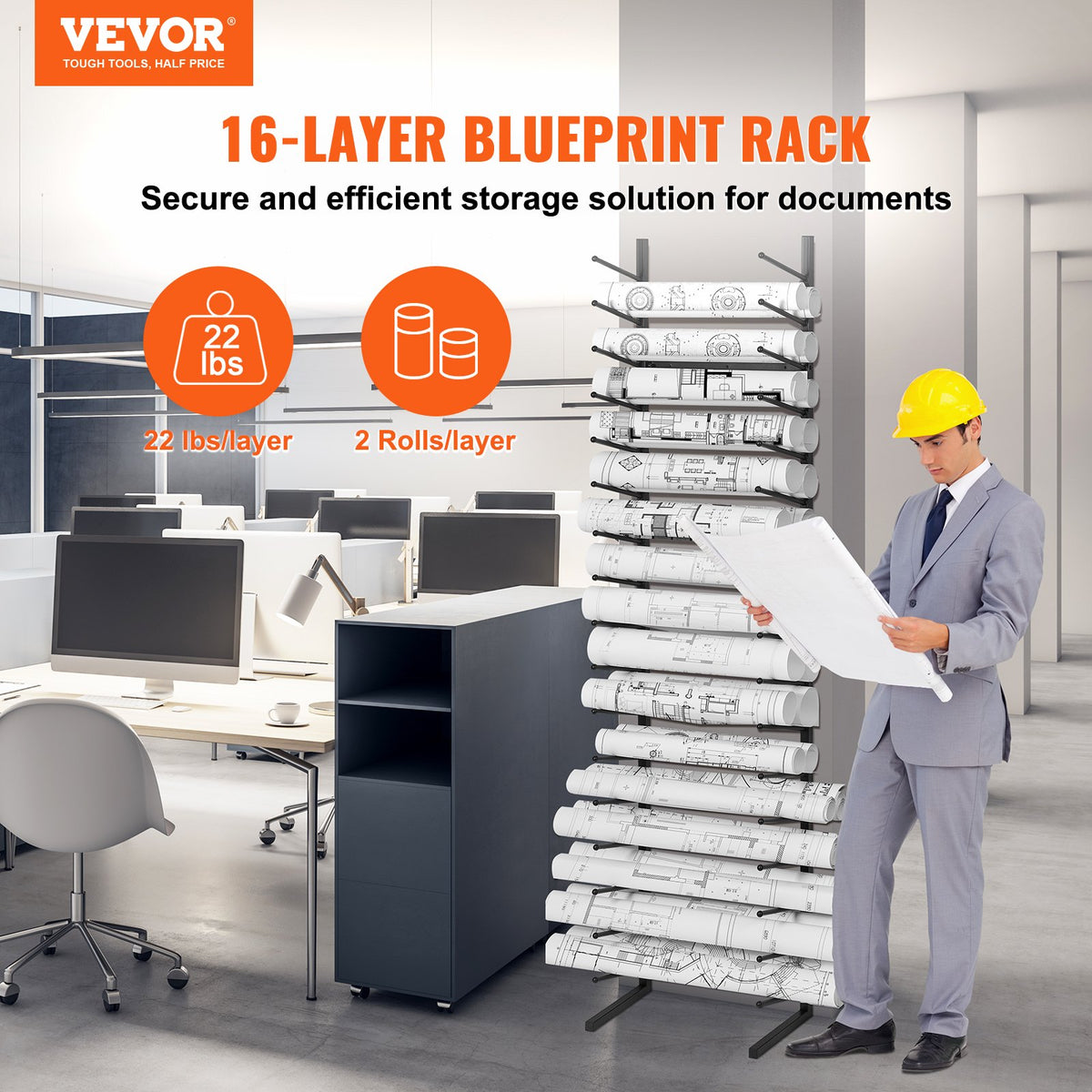 VEVOR Blueprint Storage Rack, Hanging Poster Display Rack 16-Tier, Vertical Blueprint Roll File Holder 2 Rolls/tire, Roll File Storage Rack for Blueprint Map Poster