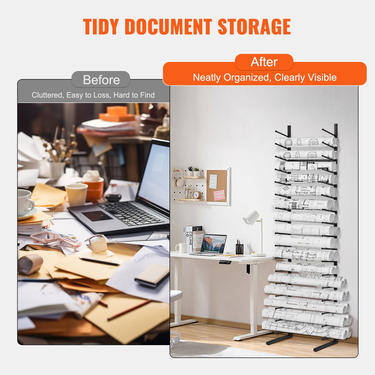 VEVOR Blueprint Storage Rack, Hanging Poster Display Rack 16-Tier, Vertical Blueprint Roll File Holder 2 Rolls/tire, Roll File Storage Rack for Blueprint Map Poster