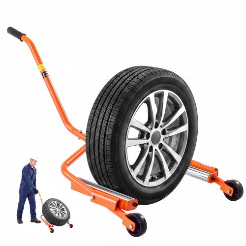 VEVOR Tire Wheel Dolly, 204kg Heavy Duty Steel Truck Car Tire Dolly, Fits 889-1194mm Tires, 360° Rotating Rollers, Extended Labor-Saving Handle, Smooth-Rolling Tire Lifter for Workshops & Home Garages