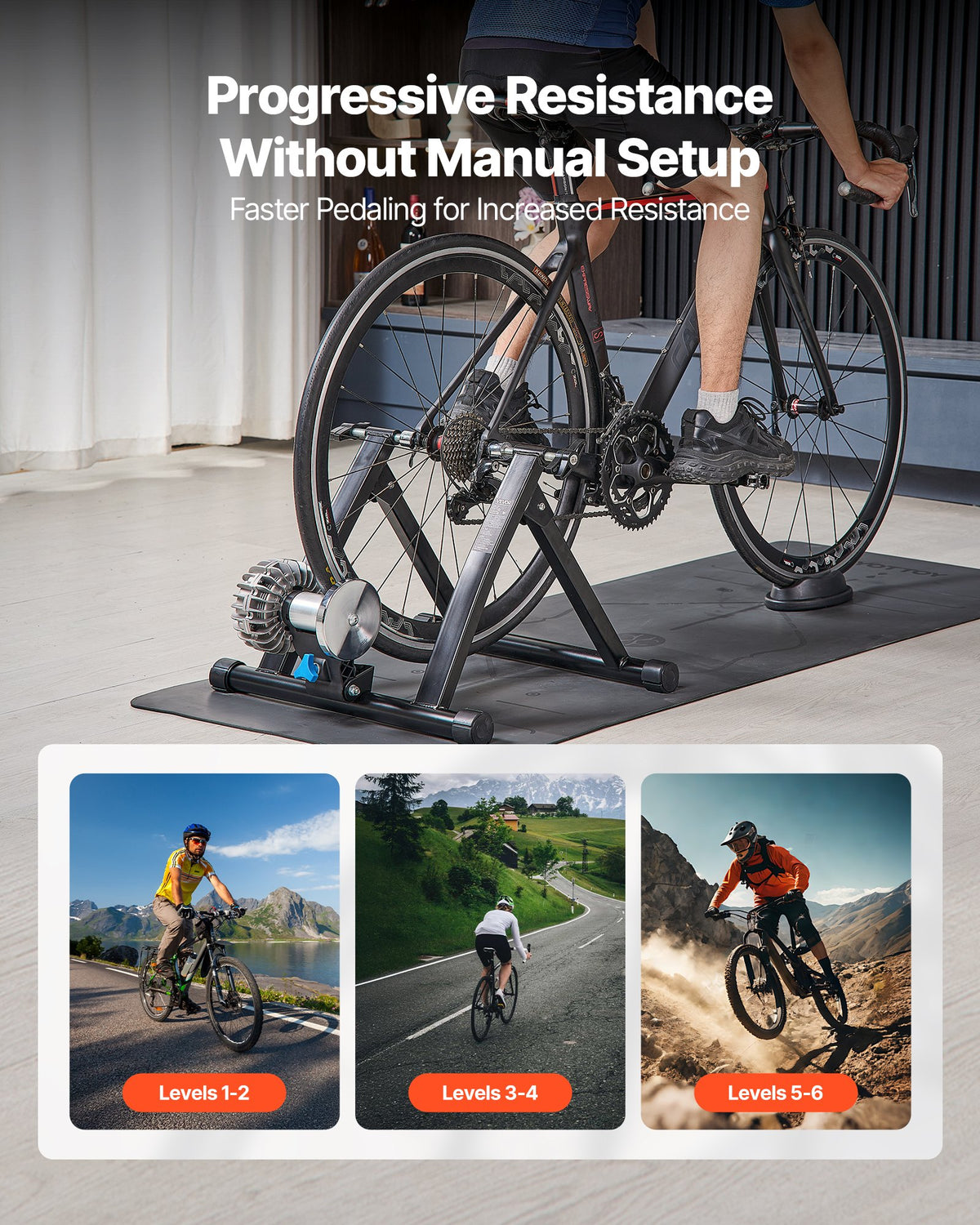VEVOR Bike Trainer, 660.4-736.6 mm & 700C Wheels, Foldable Fluid Bicycle Stationary Trainer Stand for Indoor Exercise Riding with Quick Release Skewer & Front Wheel Riser Block, Fits Road Bikes, Black