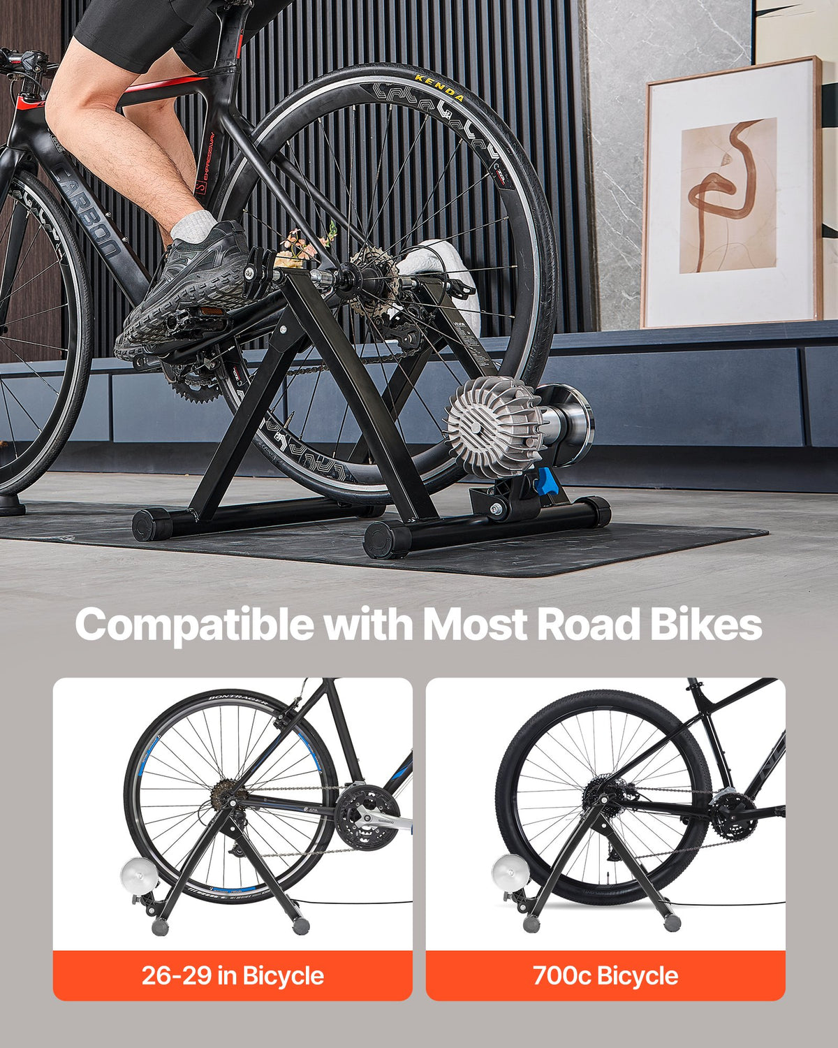 VEVOR Bike Trainer, 660.4-736.6 mm & 700C Wheels, Foldable Fluid Bicycle Stationary Trainer Stand for Indoor Exercise Riding with Quick Release Skewer & Front Wheel Riser Block, Fits Road Bikes, Black