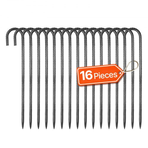 VEVOR Rebar Stakes, 406,4 mm / 16-Inch, Heavy-Duty 0.4 in Diameter J Hook, Galvanized Steel Ground Anchors with Chisel Point End & Rust-Resistant Coating, for Gardening Support, Fence, Camping Tents (16-Pack)
