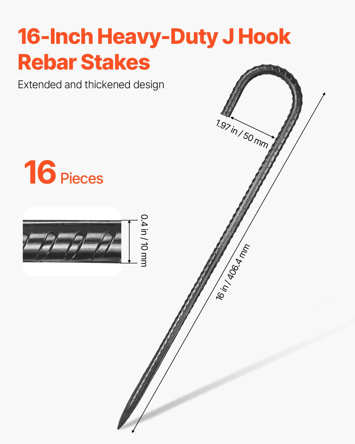 VEVOR Rebar Stakes, 406,4 mm / 16-Inch, Heavy-Duty 0.4 in Diameter J Hook, Galvanized Steel Ground Anchors with Chisel Point End & Rust-Resistant Coating, for Gardening Support, Fence, Camping Tents (16-Pack)