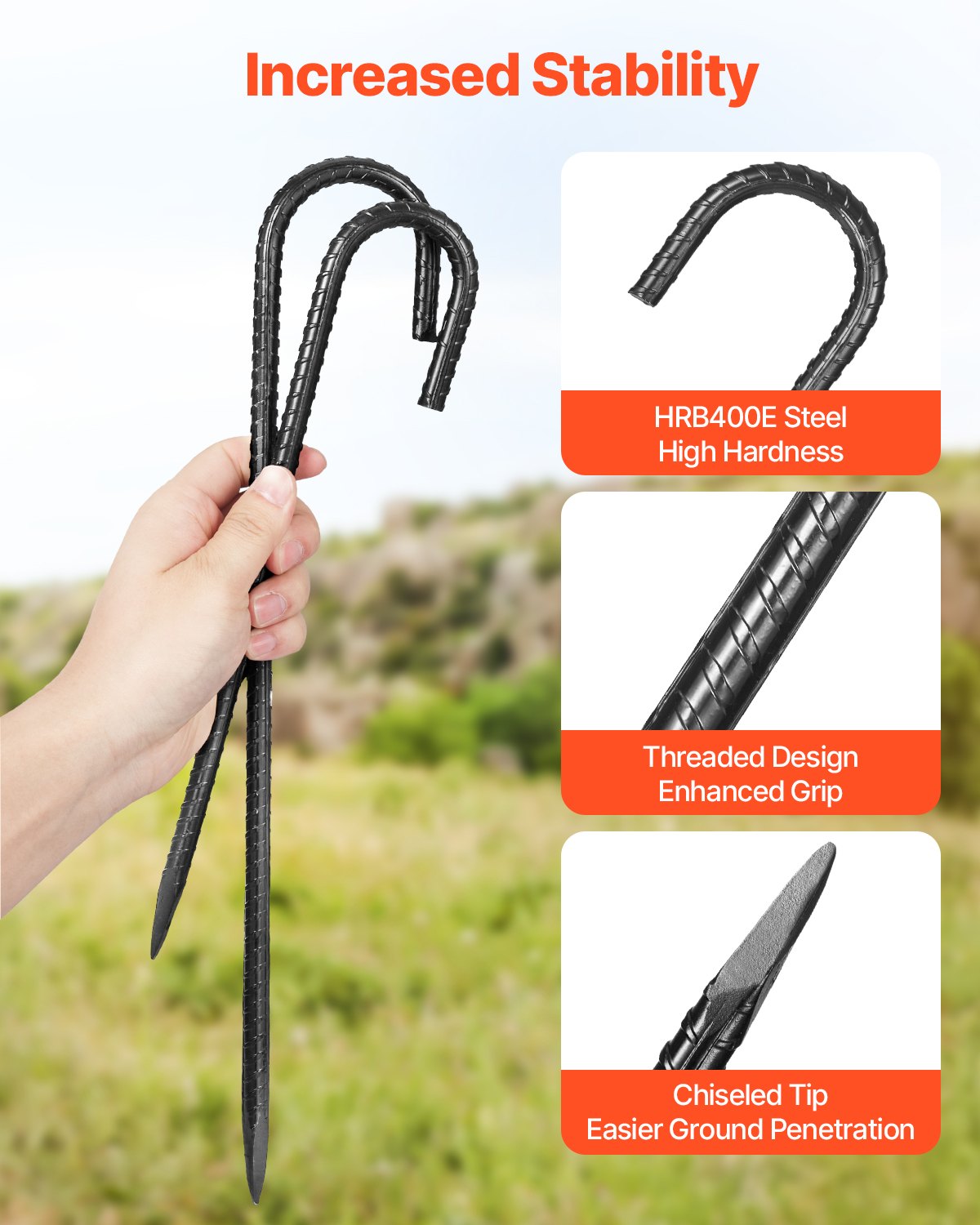 VEVOR Rebar Stakes, 406,4 mm / 16-Inch, Heavy-Duty 0.4 in Diameter J Hook, Galvanized Steel Ground Anchors with Chisel Point End & Rust-Resistant Coating, for Gardening Support, Fence, Camping Tents (16-Pack)