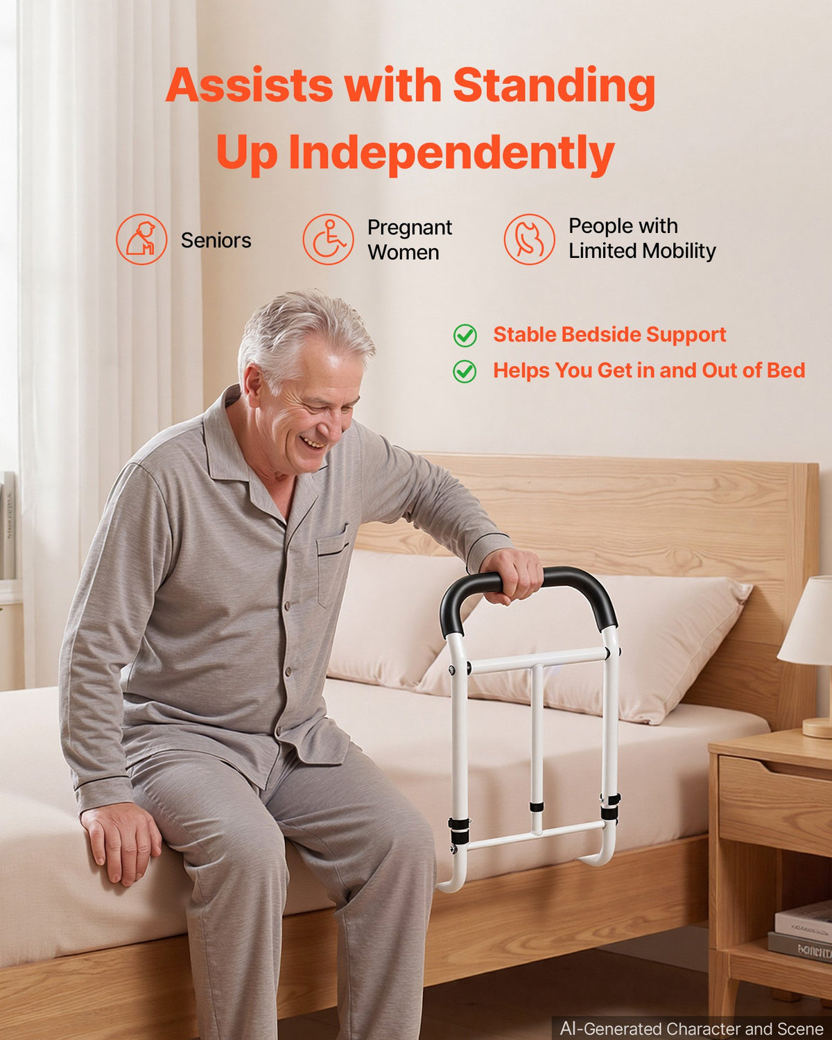 VEVOR Bed Rail for Elderly Adults 90.7kg Loading Bed Side Assist Rail, High-Strength Steel Bedside Cane for Seniors, with Adjustable Height & Base Length, Non-Slip Handle, Fit King Queen Full Twin Bed