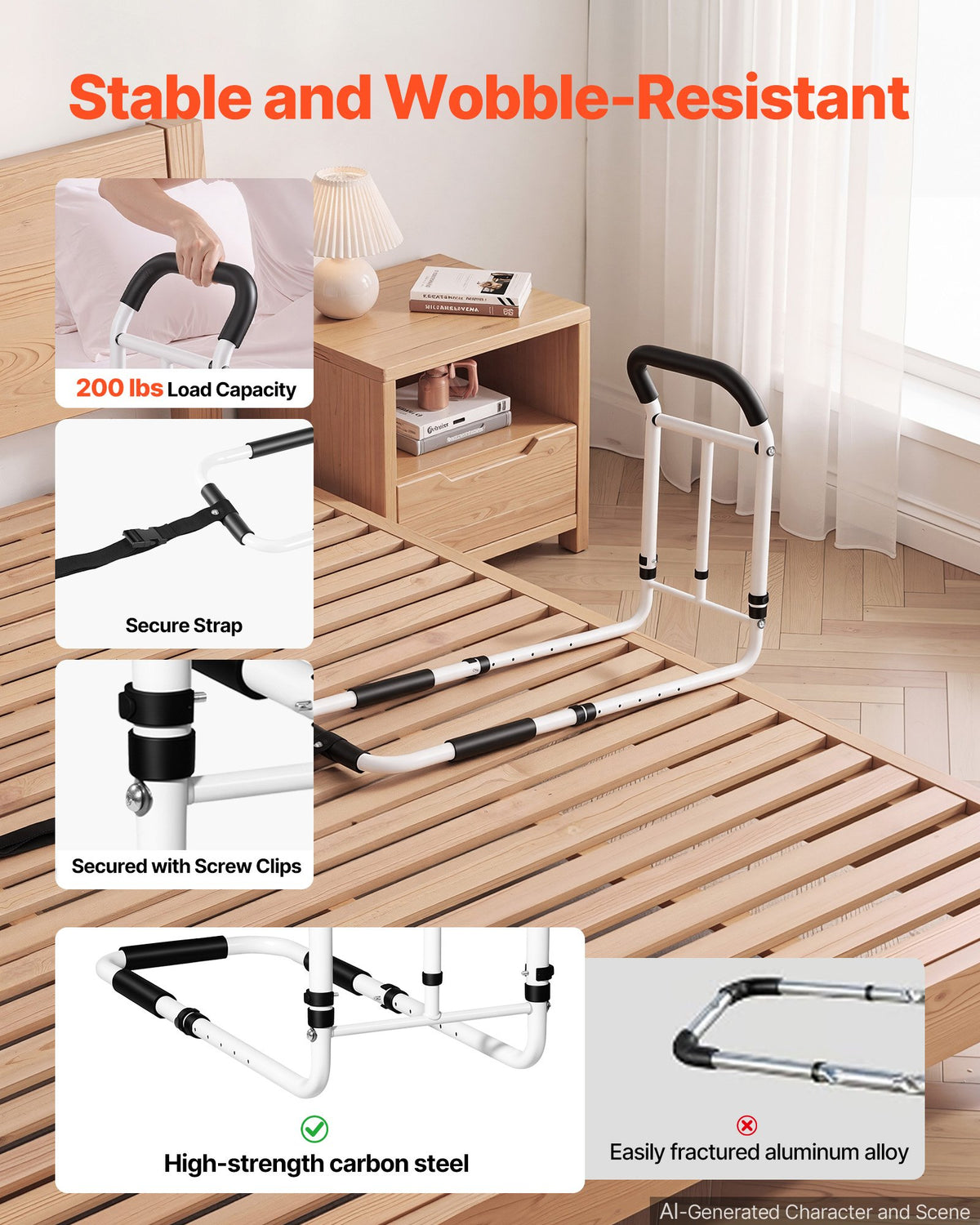 VEVOR Bed Rail for Elderly Adults 90.7kg Loading Bed Side Assist Rail, High-Strength Steel Bedside Cane for Seniors, with Adjustable Height & Base Length, Non-Slip Handle, Fit King Queen Full Twin Bed