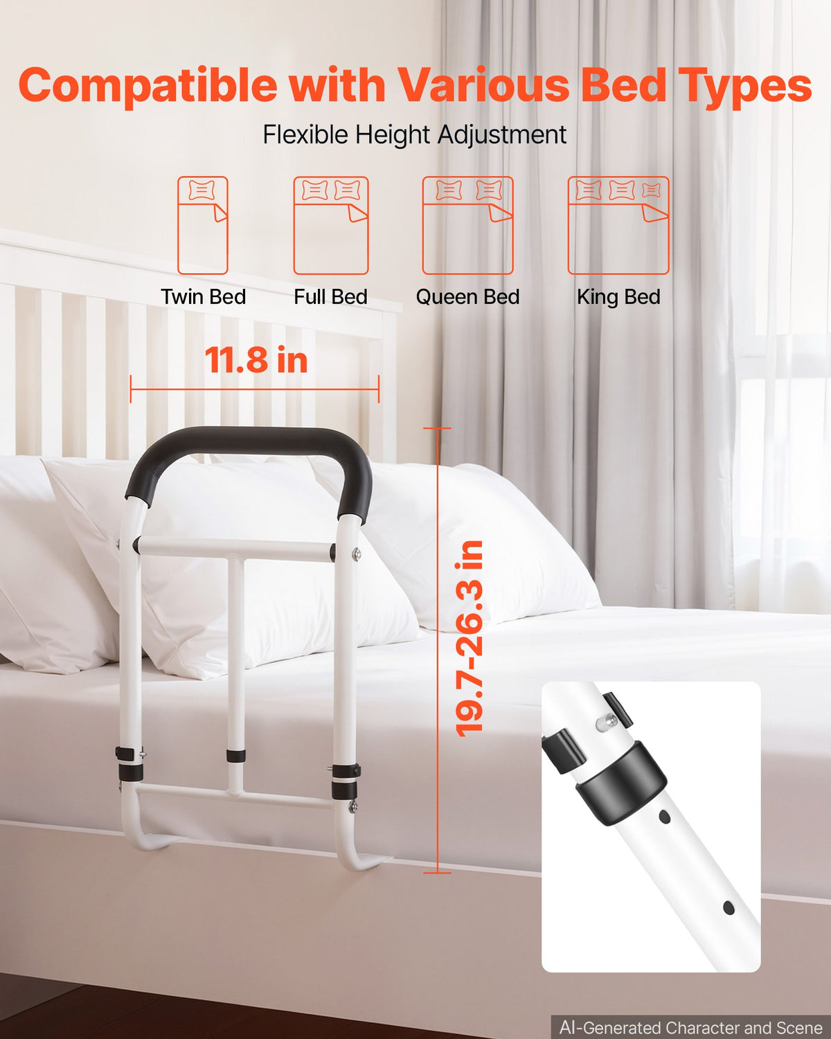 VEVOR Bed Rail for Elderly Adults 90.7kg Loading Bed Side Assist Rail, High-Strength Steel Bedside Cane for Seniors, with Adjustable Height & Base Length, Non-Slip Handle, Fit King Queen Full Twin Bed