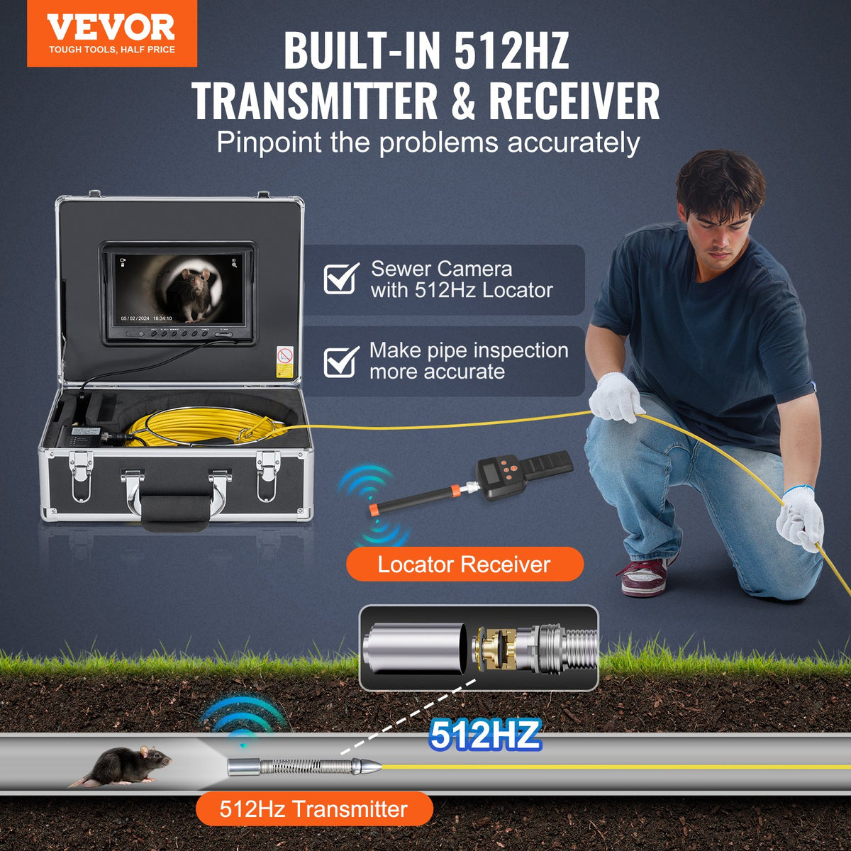 VEVOR Sewer Camera with 512Hz Locator, 165 ft/50 m, 9" Drain Inspection Camera with Self-Leveling, 36X Zoom, Plumbing Camera with Lights-12 LED, 32GB Card, IP68 Waterproof Snake Camera for Duct Pipe