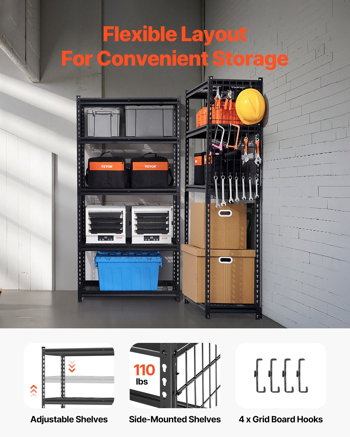 VEVOR Storage Shelves, 2000 lbs, 5 Tier Heavy Duty Garage Shelving, 16" D x 36" W x 72" H Adjustable Metal Shelves for Industrial Shelving Unit Utility Shelf, for Kitchen, Warehouse, Basement, Black