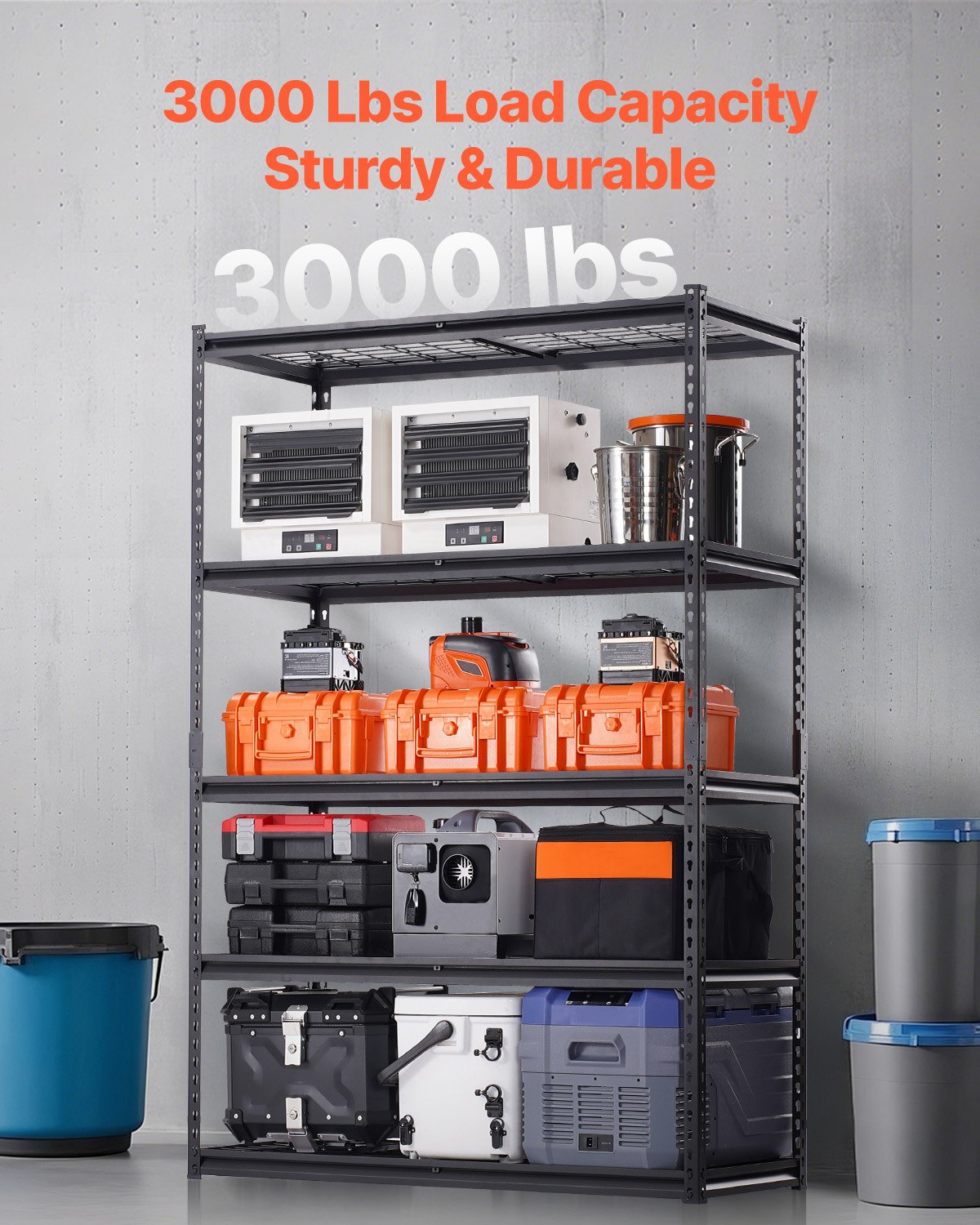 VEVOR Storage Shelves, 3000 lbs, 5 Tier Heavy Duty Garage Shelving, 20" D x 48" W x 72" H Adjustable Metal Shelves for Industrial Shelving Unit Utility Shelf, for Kitchen, Warehouse, Basement, Black