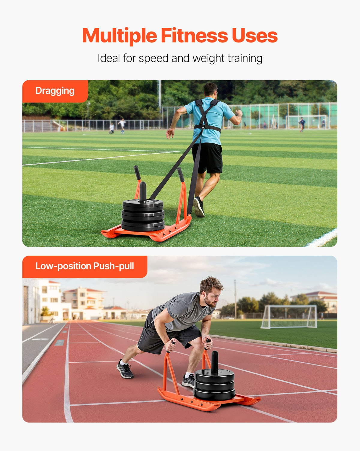 VEVOR Weight Sled, Steel Power Sled, Fitness Strength Training Sleds for Athletic Exercise Speed Improvement, Workout Fitness Equipment with Handle, Compatible with 25/51 mm Weight Plates, Orange