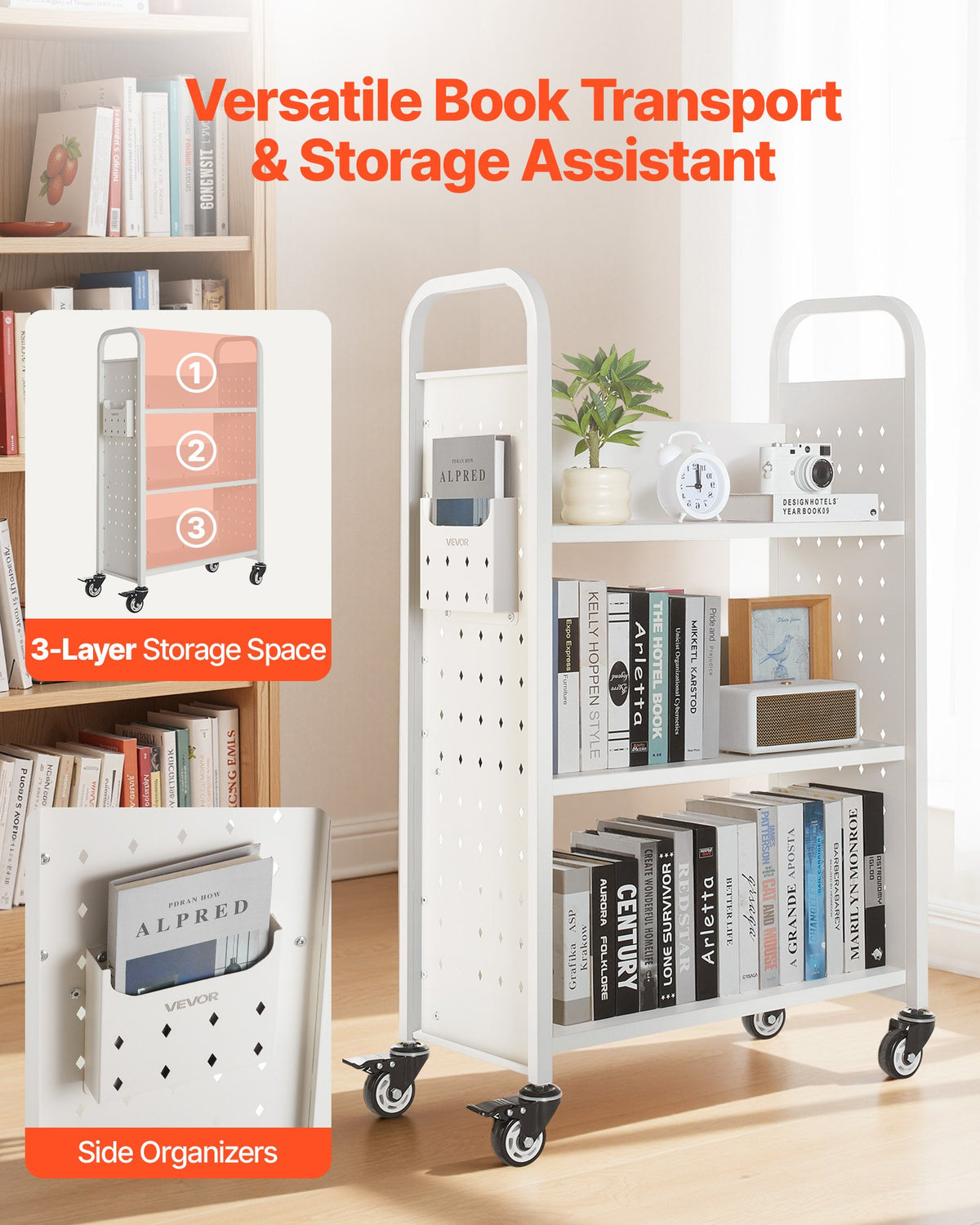 VEVOR Rolling Library Book Cart, 150 kg Capacity, 77 x 38 x 122 cm Library Cart, Single Sided L-Shaped Shelves with 76.2 mm Lockable Wheels, Book Truck for Home Shelves Office and School, White