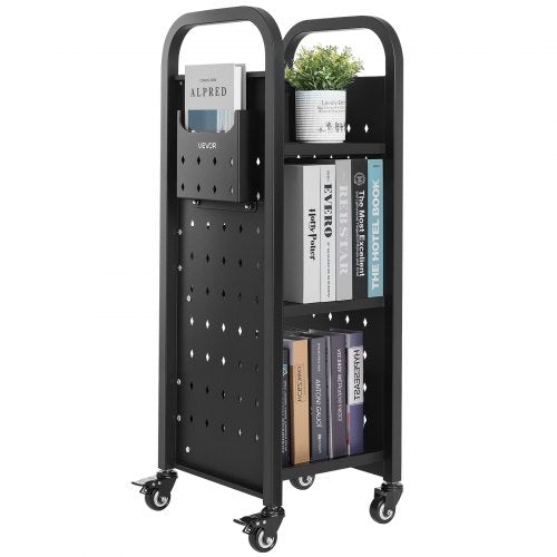 VEVOR Rolling Library Book Cart, 100 kg Capacity, 32 x 35 x 93.5 cm Library Cart, Single Sided L-Shaped Shelves with 50.8 mm Lockable Wheels, Book Truck for Home Shelves Office and School, Black