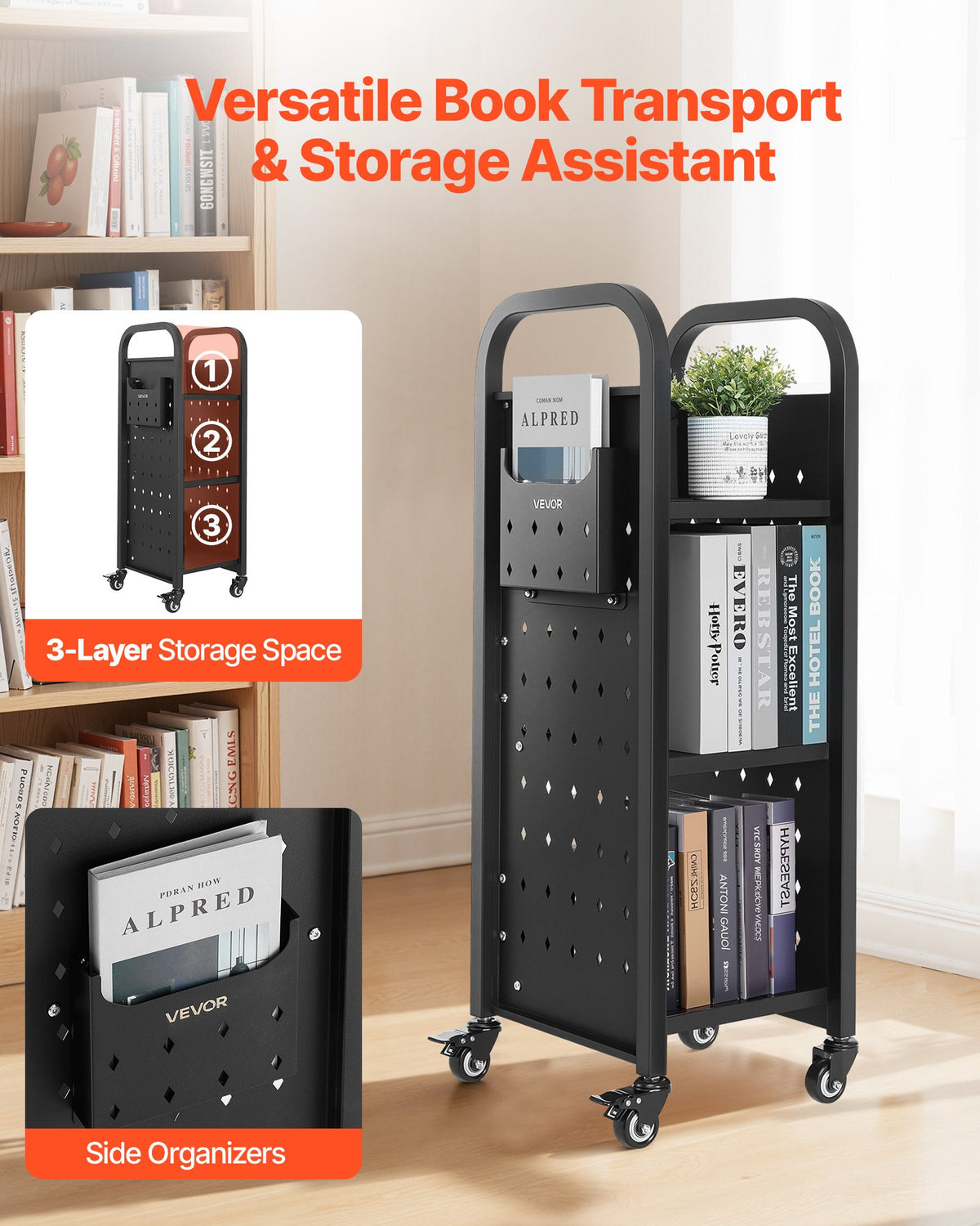 VEVOR Rolling Library Book Cart, 100 kg Capacity, 32 x 35 x 93.5 cm Library Cart, Single Sided L-Shaped Shelves with 50.8 mm Lockable Wheels, Book Truck for Home Shelves Office and School, Black