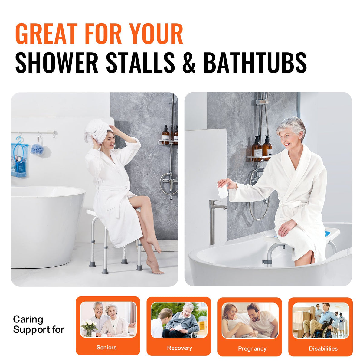 VEVOR Shower Chair, Adjustable Height Shower Stool, Shower Seat for Inside Shower or Tub, Non-Slip Bench Bathtub Stool Seat for Elderly Disabled Handicap, 158.8 kg Capacity