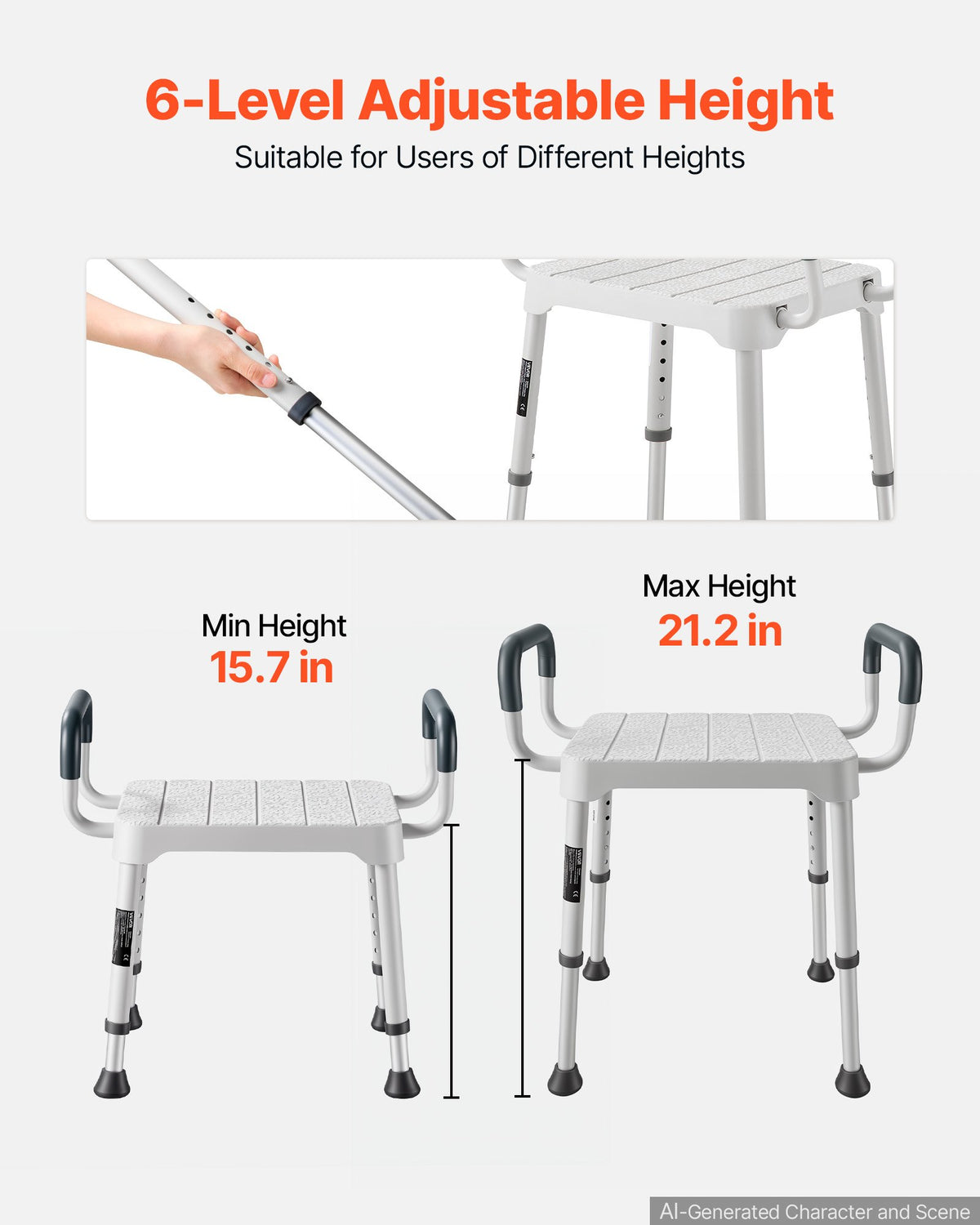 VEVOR Shower Chair with Armrest, 6-Level Height Adjustable Bath Seat for Inside Shower or Tubs, Non-Slip Bathroom Bathtub Chair for Elderly Disabled Injured, 181kg Capacity