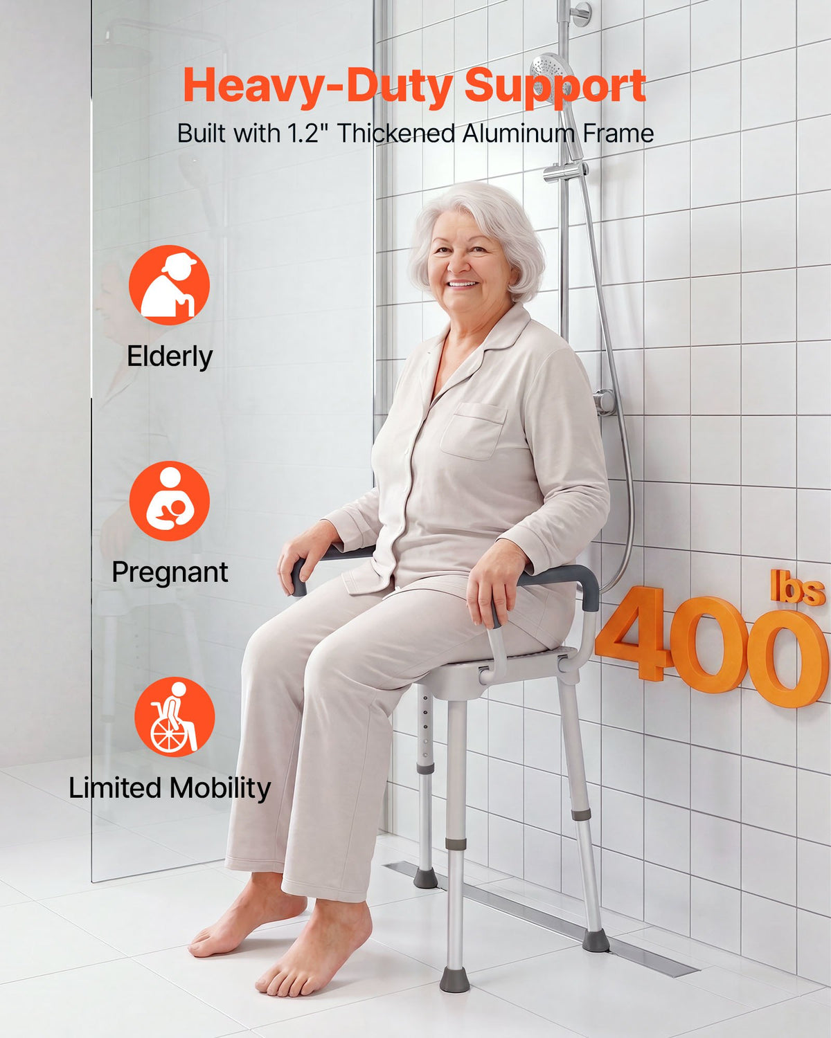 VEVOR Shower Chair with Armrest, 6-Level Height Adjustable Bath Seat for Inside Shower or Tubs, Non-Slip Bathroom Bathtub Chair for Elderly Disabled Injured, 181kg Capacity