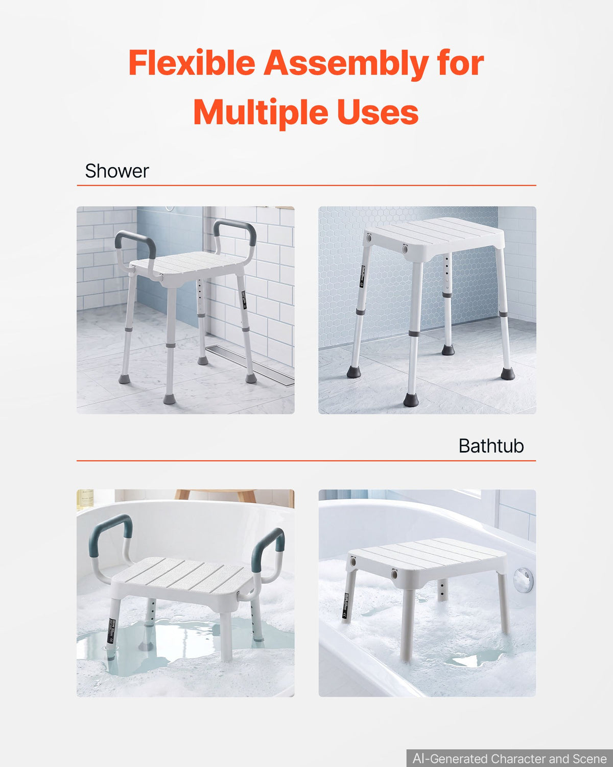 VEVOR Shower Chair with Armrest, 6-Level Height Adjustable Bath Seat for Inside Shower or Tubs, Non-Slip Bathroom Bathtub Chair for Elderly Disabled Injured, 181kg Capacity