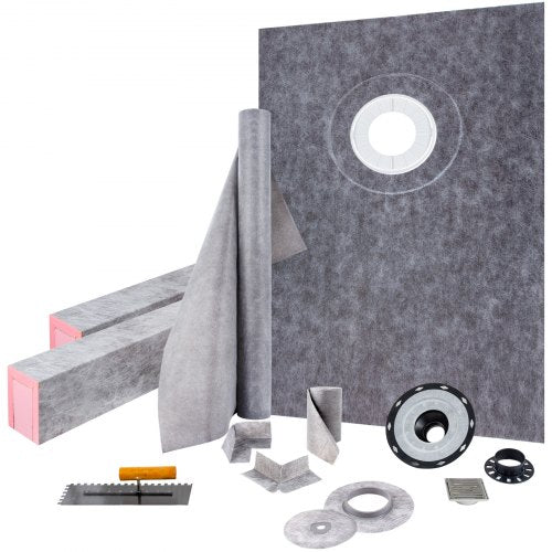 VEVOR Shower Curb Kit, 38\"x60\" Watertight Shower Curb Overlay with 4\" ABS Offset Bonding Flange, 4\" Stainless Steel Grate, 2 Cuttable Shower Curb and Trowel, Shower Pan Slope Sticks Fit for Bathro