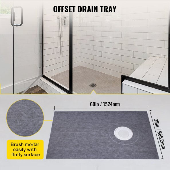 VEVOR Shower Curb Kit, 38\"x60\" Watertight Shower Curb Overlay with 4\" ABS Offset Bonding Flange, 4\" Stainless Steel Grate, 2 Cuttable Shower Curb and Trowel, Shower Pan Slope Sticks Fit for Bathro