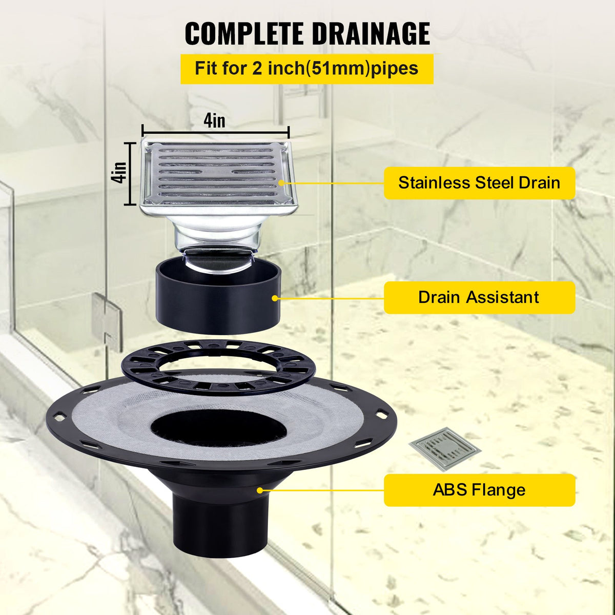 VEVOR Shower Curb Kit, 38\"x60\" Watertight Shower Curb Overlay with 4\" ABS Offset Bonding Flange, 4\" Stainless Steel Grate, 2 Cuttable Shower Curb and Trowel, Shower Pan Slope Sticks Fit for Bathro