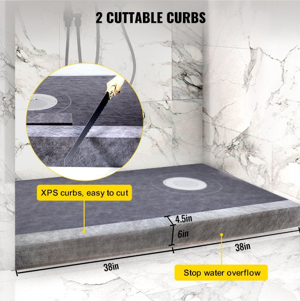 VEVOR Shower Curb Kit, 38\"x60\" Watertight Shower Curb Overlay with 4\" ABS Offset Bonding Flange, 4\" Stainless Steel Grate, 2 Cuttable Shower Curb and Trowel, Shower Pan Slope Sticks Fit for Bathro
