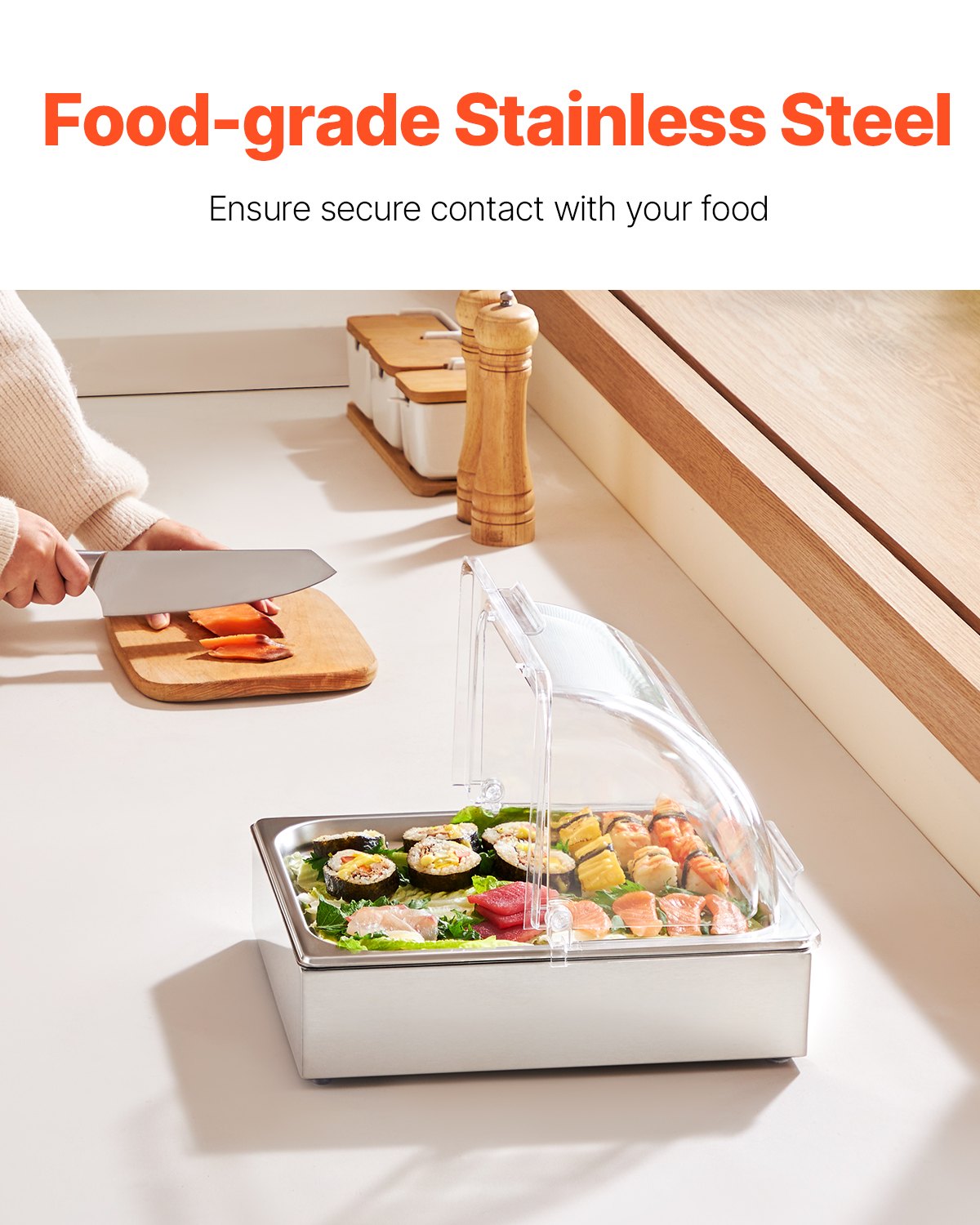VEVOR Countertop Food Serving Display Container, 1 x 1/2 Pan Stainless Steel Food Serving Tray, Buffet Condiment Dispenser Display Rack with Clear Lid & Ice Tray, for Restaurant Hotel Kitchen Party