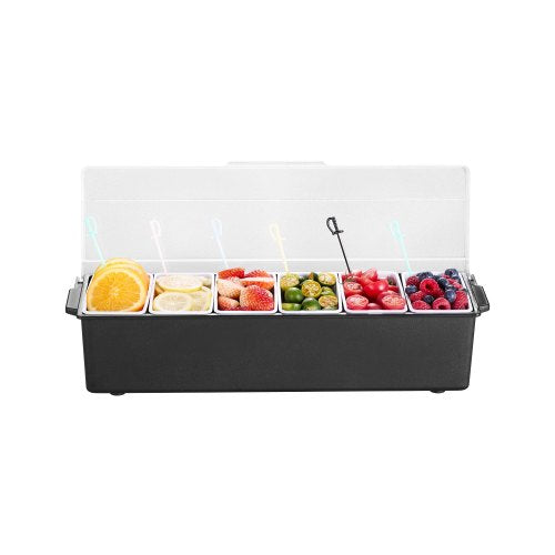 VEVOR Chilled Condiment Server, 6 Compartment Ice Cooled Condiment Serving Container, Chilled Garnish Tray Bar Caddy with Lid, for Bartending & Serving Taco, Salad, Fruit, Home & Restaurant Supplies