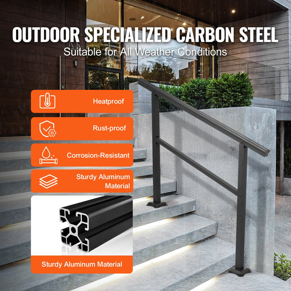 VEVOR Handrail Banister Outdoor Stairs 48X35.5 Inch Outdoor Handrail Stair Railing Adjustable from 0 to 45 Degrees Handrail for Cross Bar Stairs Outdoor Aluminum Black Stair Railing