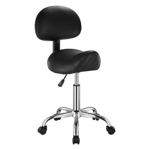 VEVOR Saddle Stool with Back Support and Wheels, 450 LBS Weight Capacity Ergonomic Rolling Stool, Height Adjustable Thickened PU Leather Swivel Saddle Chair for Salon, Spa, Massage, Tattoo, Black