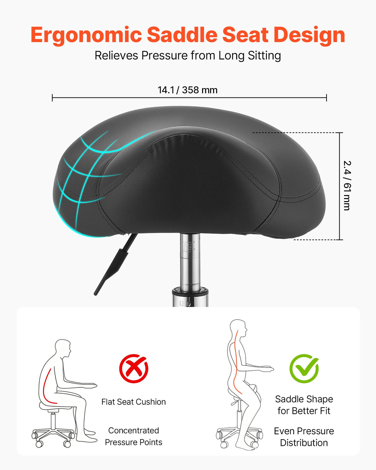 VEVOR Saddle Stool with Wheels, 226.8kg Weight Capacity, Height Adjustable, Ergonomic PU Leather Seat, 360° Swivel Saddle Stool Rolling Chair for Salon, Spa, Bar, Home, Medical, and Massage, Black