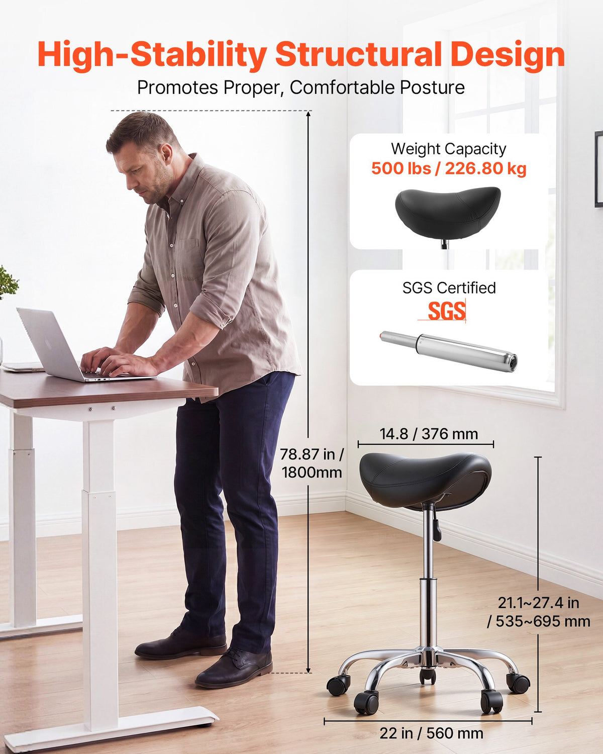 VEVOR Saddle Stool with Wheels, 226.8kg Weight Capacity, Height Adjustable, Ergonomic PU Leather Seat, 360° Swivel Saddle Stool Rolling Chair for Salon, Spa, Bar, Home, Medical, and Massage, Black