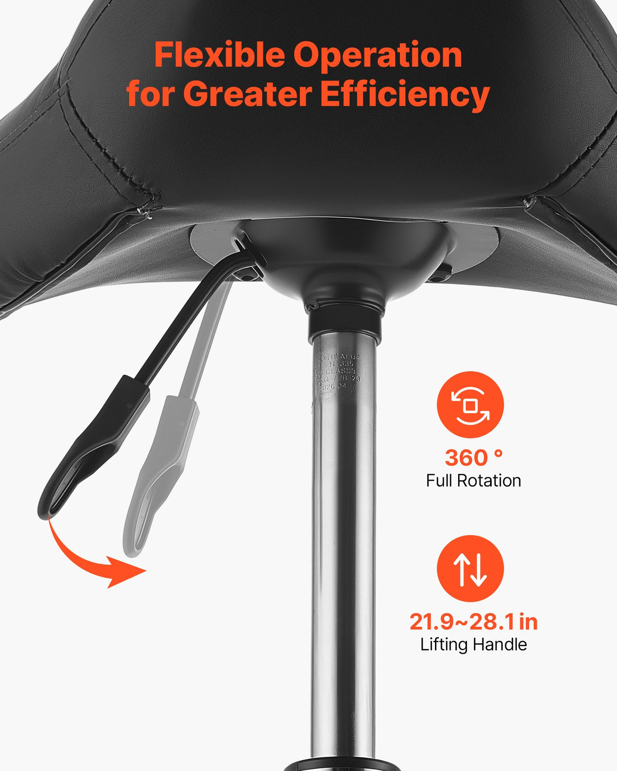 VEVOR Saddle Stool with Wheels, 226.8kg Weight Capacity, Height Adjustable, Ergonomic PU Leather Seat, 360° Swivel Saddle Stool Rolling Chair for Salon, Spa, Bar, Home, Medical, and Massage, Black