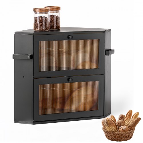 VEVOR Corner Bread Box for Kitchen Counter Bamboo Wood Container Black, for Homemade Bread, Under Cabinet, and Pantry, Double Layer Farmhouse Breadbox Bin, with Acrylic Door Panel and Air Vents