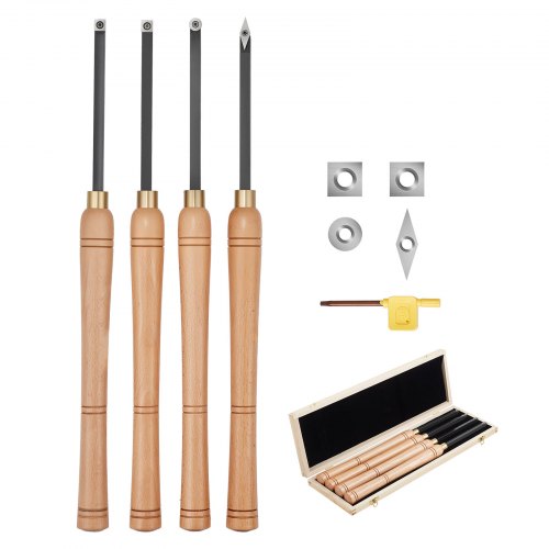 VEVOR Wood Lathe Turning Tool Set, 4PCS, Lathe Roughing Finishing and Detailing Hollow Tool with Wooden Handle, Diamond Round Square Carbide Inserts, Wooden Box, for Beginners Hobbyists Professionals