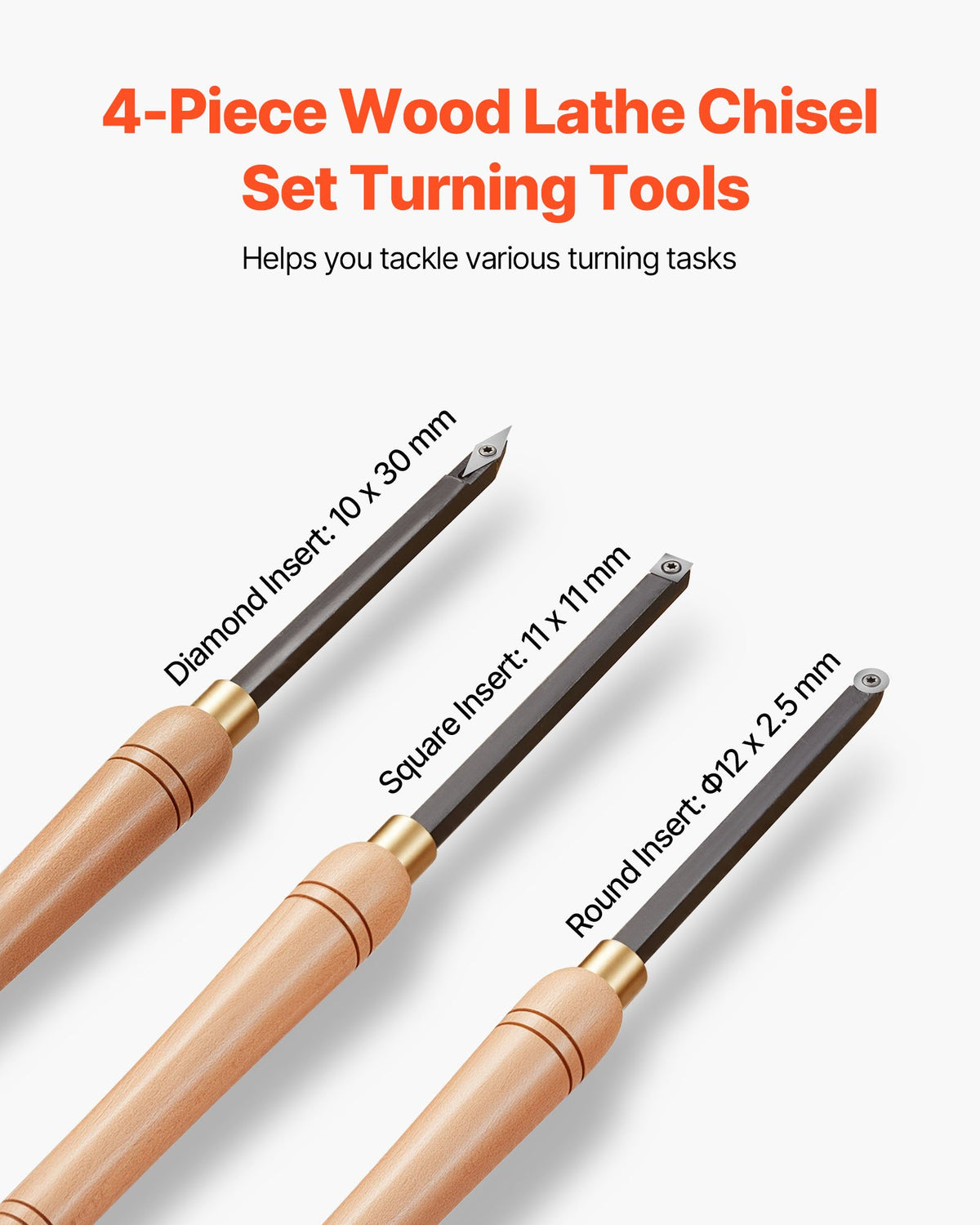 VEVOR Wood Lathe Turning Tool Set, 4PCS, Lathe Roughing Finishing and Detailing Hollow Tool with Wooden Handle, Diamond Round Square Carbide Inserts, Wooden Box, for Beginners Hobbyists Professionals