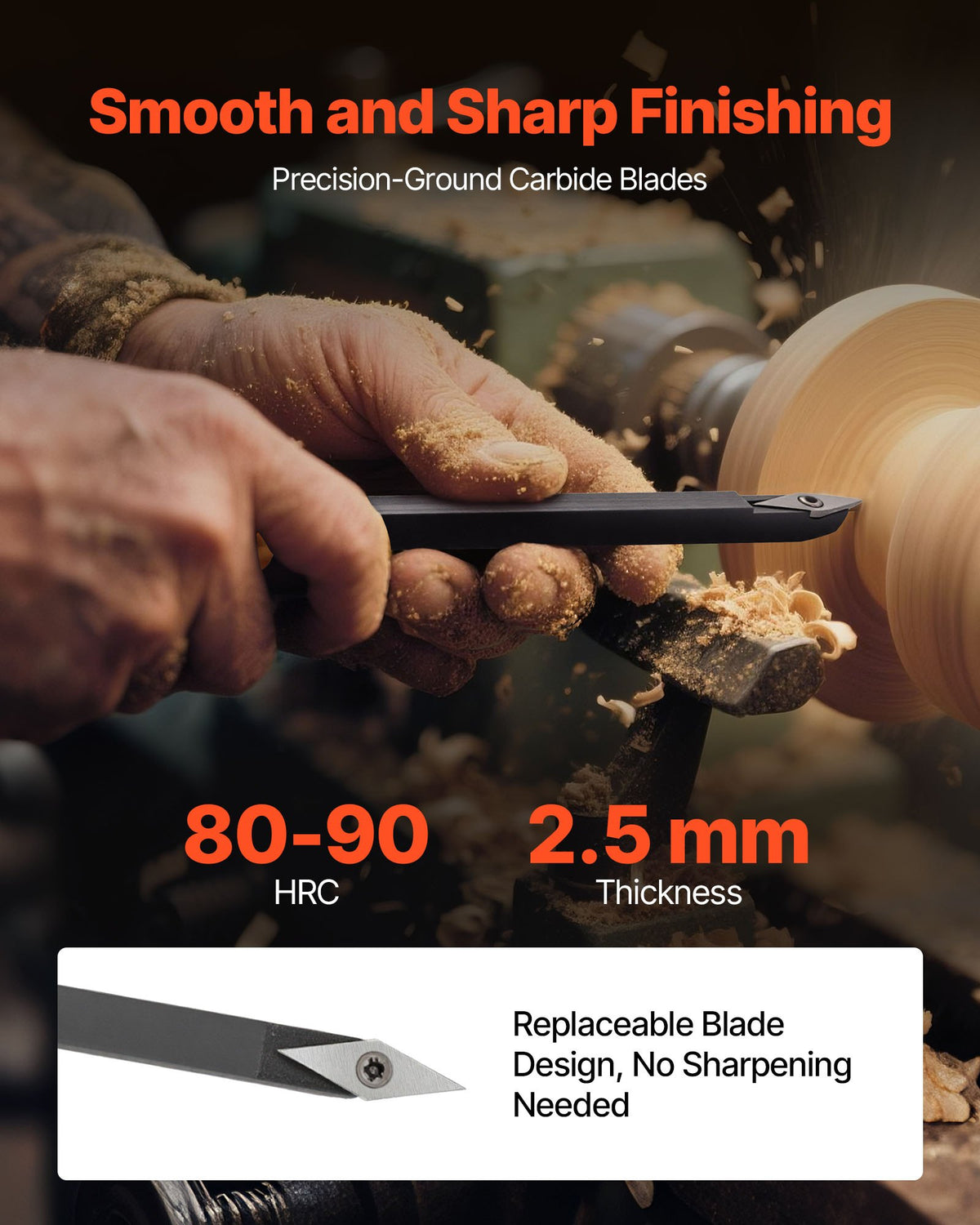 VEVOR Wood Lathe Turning Tool Set, 4PCS, Lathe Roughing Finishing and Detailing Hollow Tool with Wooden Handle, Diamond Round Square Carbide Inserts, Wooden Box, for Beginners Hobbyists Professionals