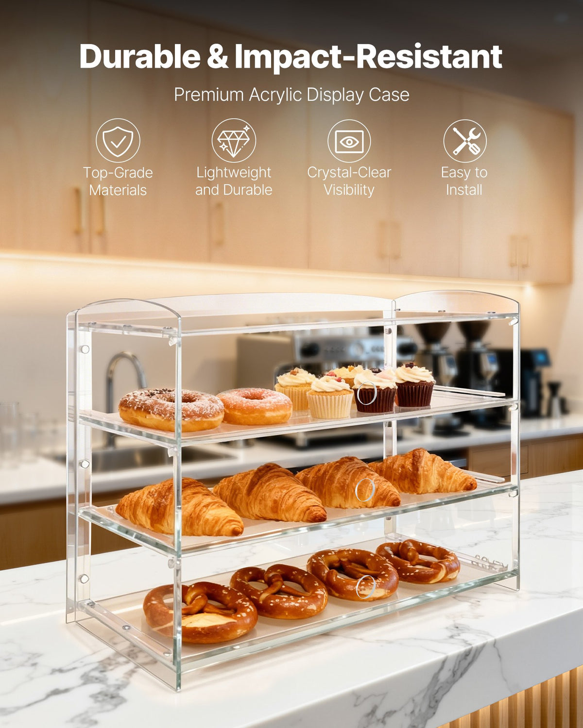 VEVOR Bakery Display Case, 3-Tier Commercial Countertop Pastry Display Case, Clear Acrylic Bread Box for Kitchen, Party Cake Cabinet with Flip-Up Door for Cookie Dessert Donut Bagel, 19" x 9.1" x 15"