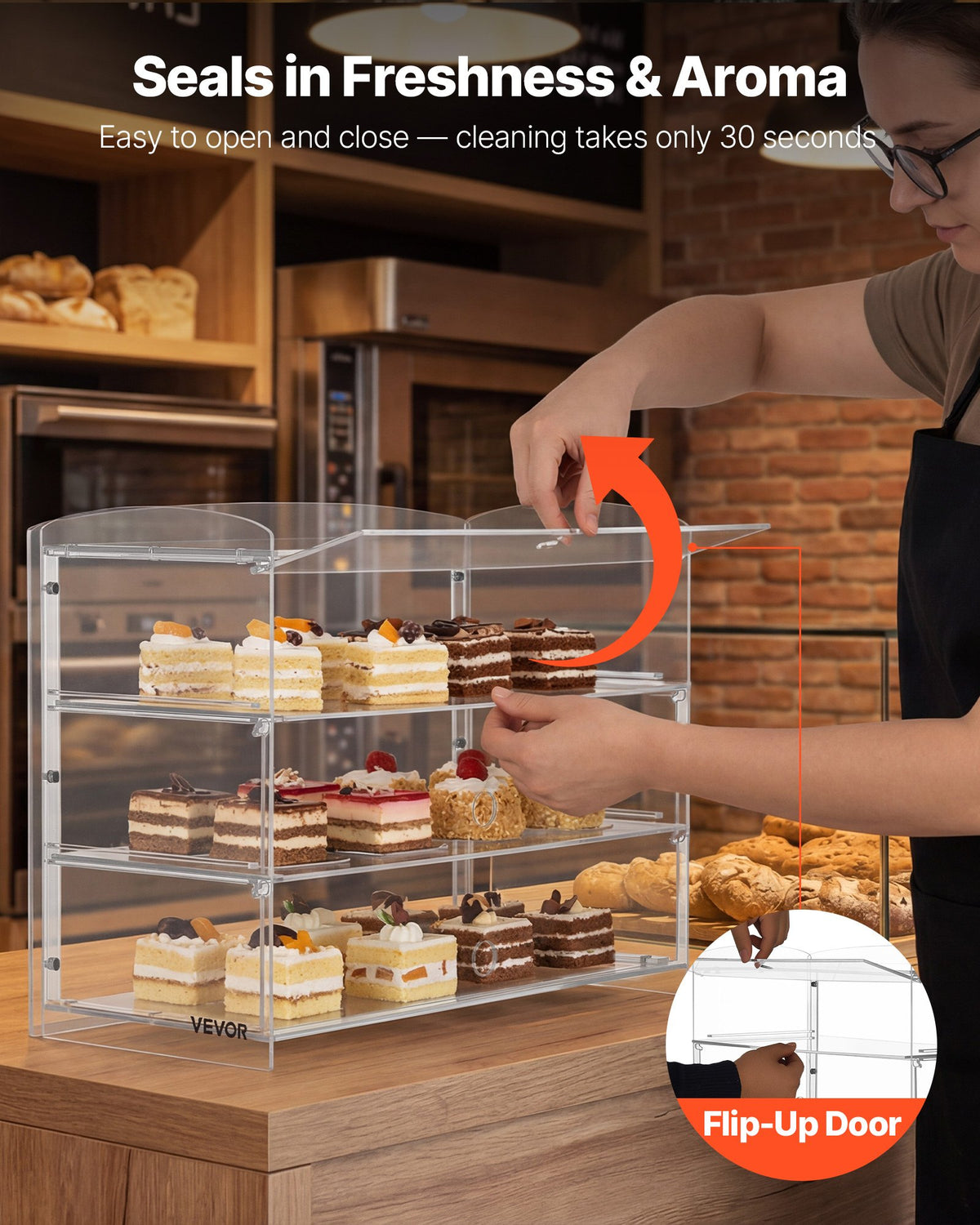 VEVOR Bakery Display Case, 3-Tier Commercial Countertop Pastry Display Case, Clear Acrylic Bread Box for Kitchen, Party Cake Cabinet with Flip-Up Door for Cookie Dessert Donut Bagel, 19" x 9.1" x 15"