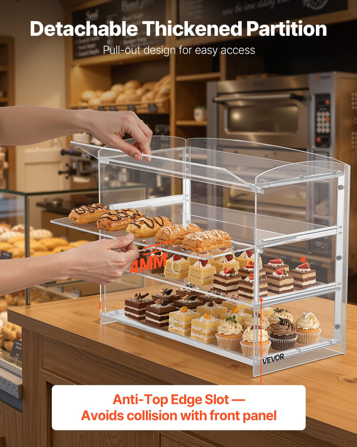 VEVOR Bakery Display Case, 3-Tier Commercial Countertop Pastry Display Case, Clear Acrylic Bread Box for Kitchen, Party Cake Cabinet with Flip-Up Door for Cookie Dessert Donut Bagel, 19" x 9.1" x 15"