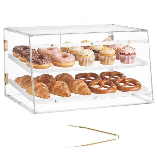 VEVOR Bakery Display Case, 2-Tier Commercial Countertop Pastry Display Case, Clear Acrylic Bread Box for Kitchen, Party Cake Cabinet with Magnetic Rear Door for Cookie Dessert Donut, 20.7"x15.7"x12"