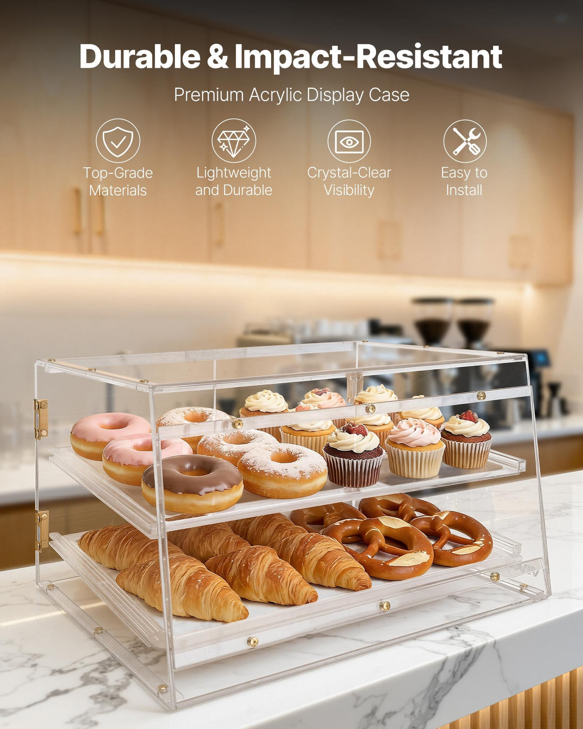 VEVOR Bakery Display Case, 2-Tier Commercial Countertop Pastry Display Case, Clear Acrylic Bread Box for Kitchen, Party Cake Cabinet with Magnetic Rear Door for Cookie Dessert Donut, 20.7"x15.7"x12"
