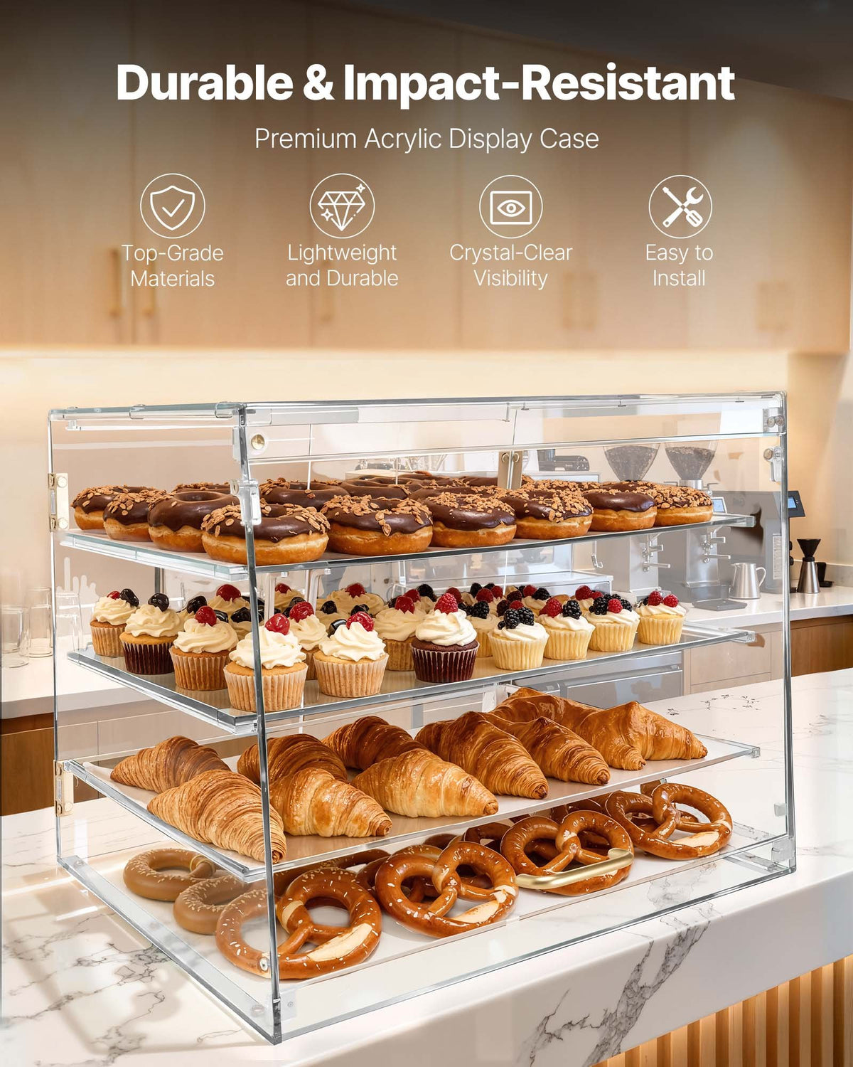 VEVOR Bakery Display Case, 4-Tier Commercial Countertop Pastry Display Case, Clear Acrylic Bread Box for Kitchen, Party Cake Cabinet with Magnetic Rear Door for Cookie Dessert Donut, 20.9"x17.1"x16.3"