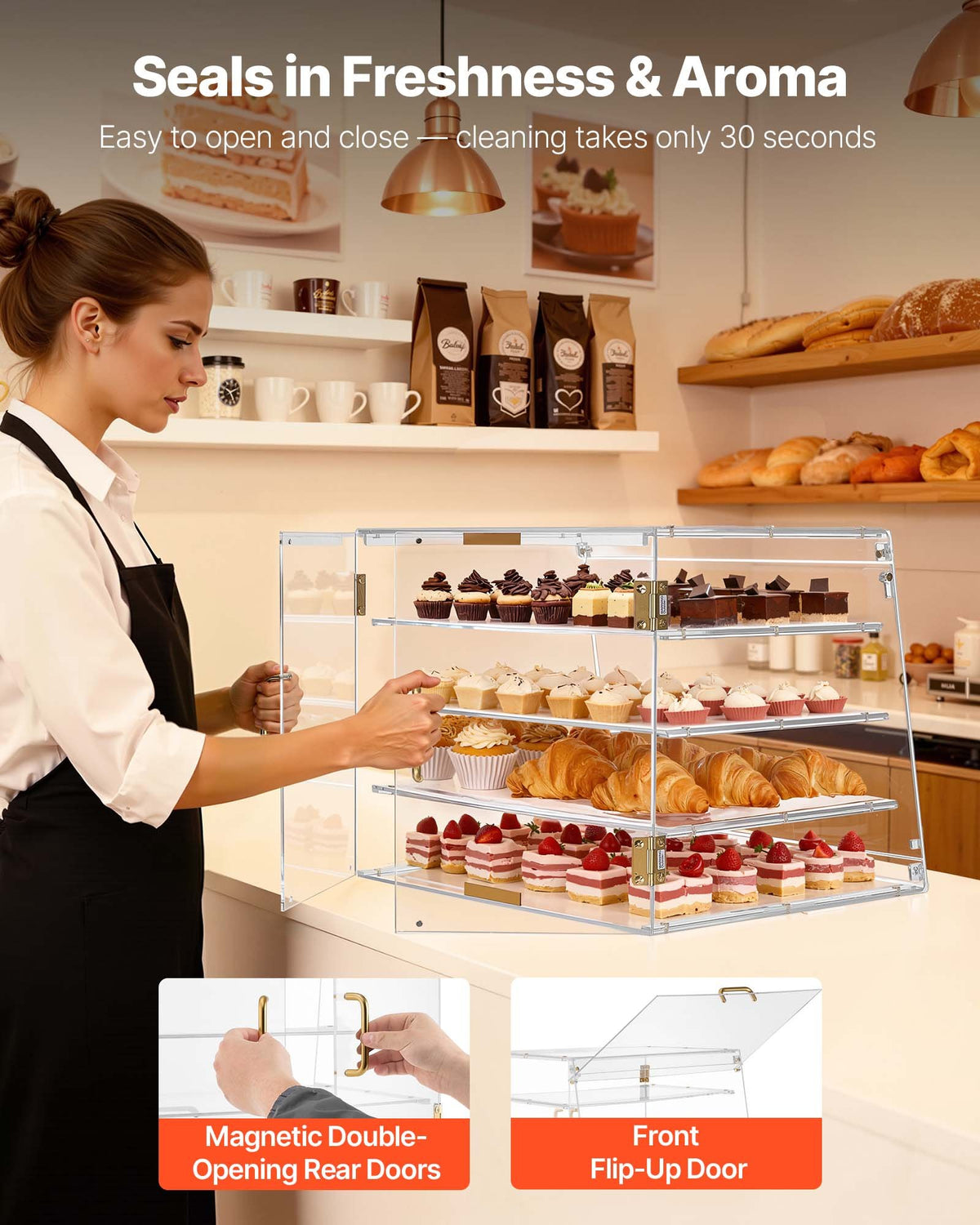 VEVOR Bakery Display Case, 4-Tier Commercial Countertop Pastry Display Case, Clear Acrylic Bread Box for Kitchen, Party Cake Cabinet with Magnetic Rear Door for Cookie Dessert Donut, 20.9"x17.1"x16.3"